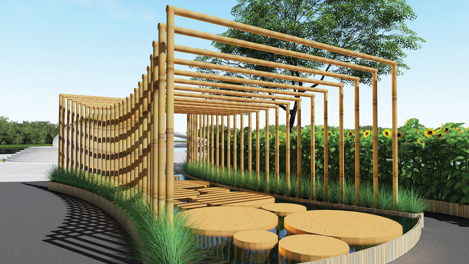 Dàn tre đưa nước lên cao để tạo ra con đường mưa