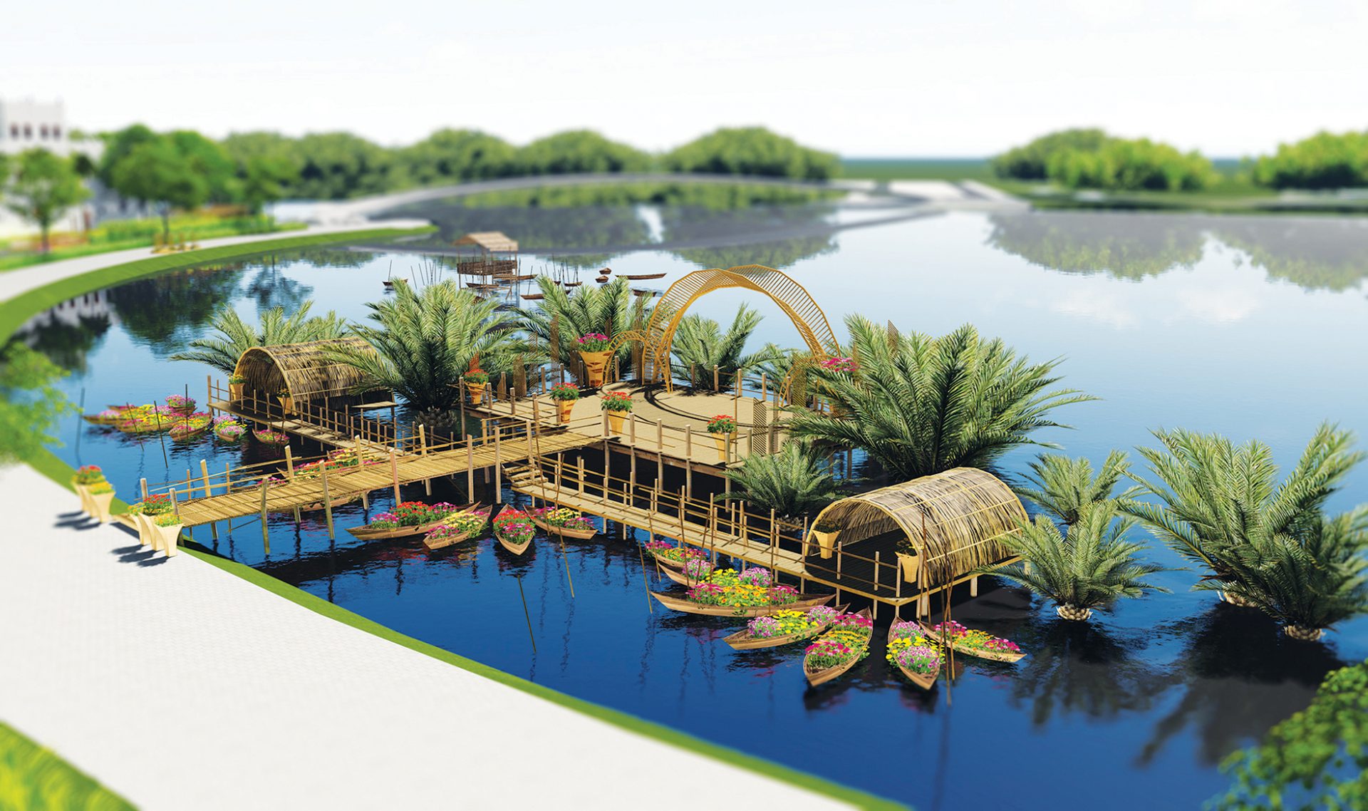 Ba góc nhìn về sân khấu nổi trên hồ Bán Nguyệt mô phỏng nhà bè và dừa nước