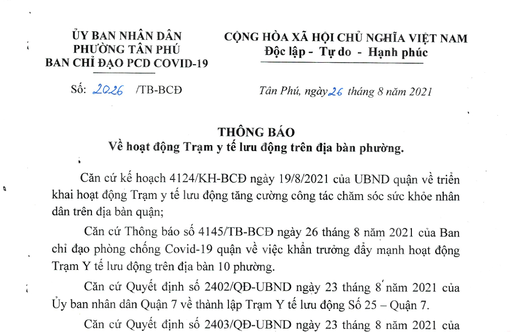 Thông báo về Hoạt động trạm y tế lưu động trên địa bàn phường Tân Phú