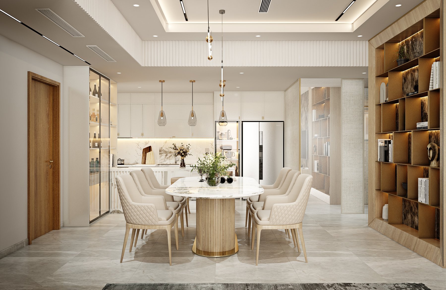 Các đồ nội thất phòng ăn có sự kết hợp giữa bàn mặt đá marble kèm inox mạ vàng cùng ghế được phủ bằng chất liệu da và cả không gian trở nên rực rỡ sang trọng nhờ hệ đèn thả trần độc đáo.