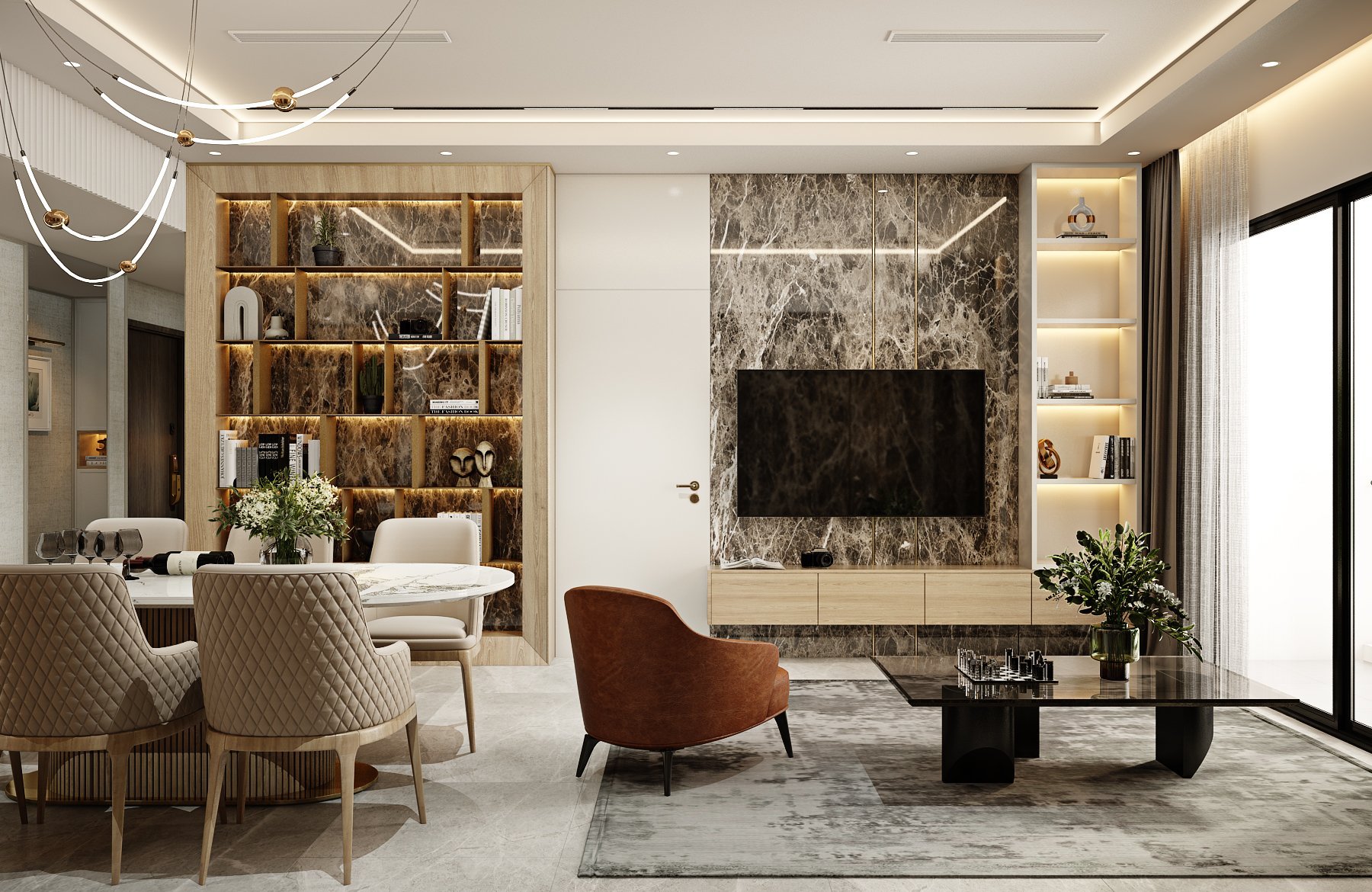 Toàn cảnh phòng khách và phòng ăn được thiết kế thông suốt với nhau, tạo sự liền kề và linh hoạt khi sử dụng giữa các không gian.