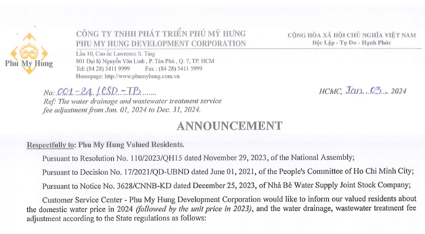 Announcement about the domestic water price in 2024 and the water drainage, wastewater treatment fee