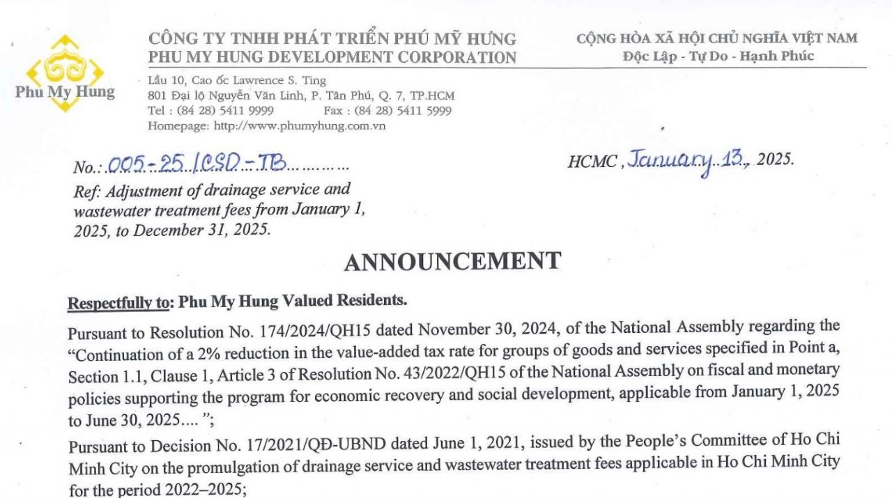 Announcement adjustment of drainage and wastewater treatment services prices from 01/01/2025 to 31/12/2025