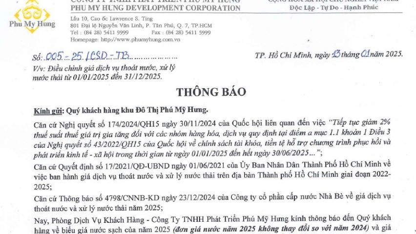 Thông báo điều chỉnh giá của dịch vụ thoát nước và xử lý nước thải từ 01/01/2025 đến 31/12/2025